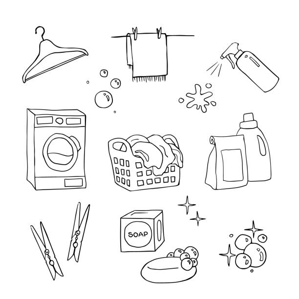 illustrations, cliparts, dessins animés et icônes de ensemble d’objets de lessive en noir et blanc dessinés à la main: machine à laver, détergent, savon, coaguleuses, pulvérisateur, bulles. - pince à linge