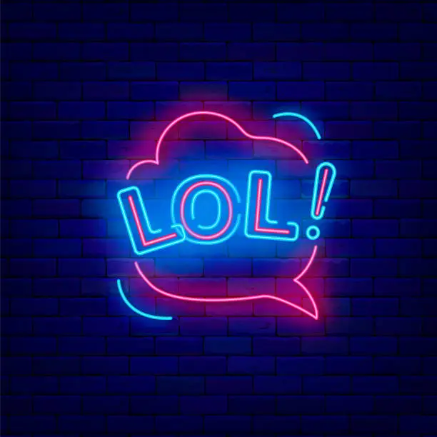 Vector illustration of Comic speech bubble lol neon sign. Laugh concept. Pop art burn design. Glowing effect poster. Vector stock illustration