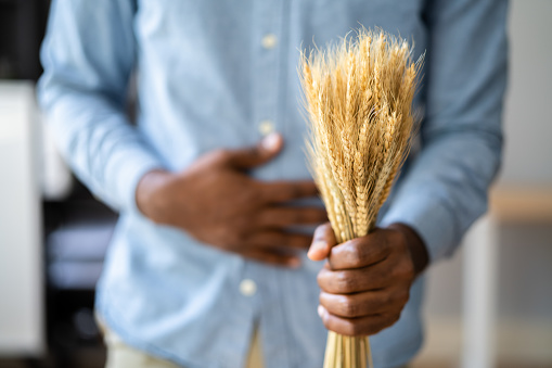 Celiac Disease And Gluten Intolerance. Man Holding Spikelet Of Wheat
