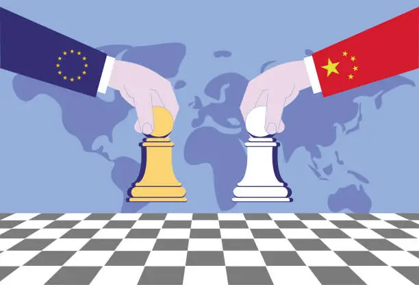 Vector illustration of The EU and China play chess, and the two countries compete in economics, trade and politics.