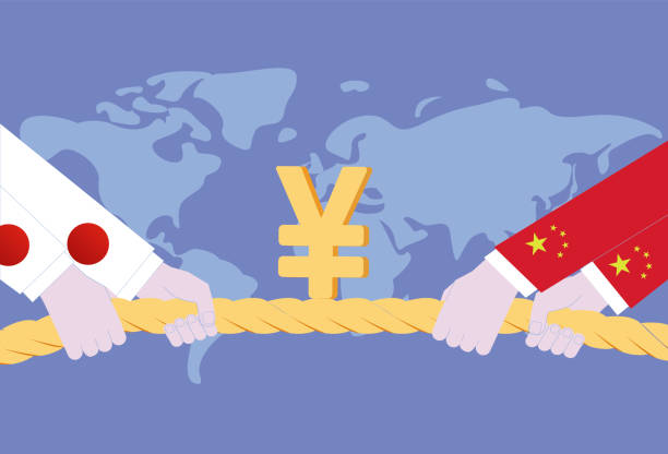 illustrazioni stock, clip art, cartoni animati e icone di tendenza di tiro alla fune cina e giappone, concorrenza economica e commerciale - coin china japanese currency finance