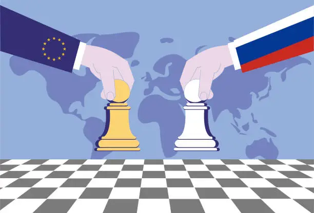 Vector illustration of The EU and Russia play chess, the economic, trade and political competition between the two countries