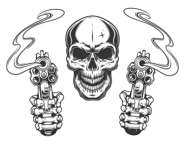 Vector illustration of skull aiming with two revolvers