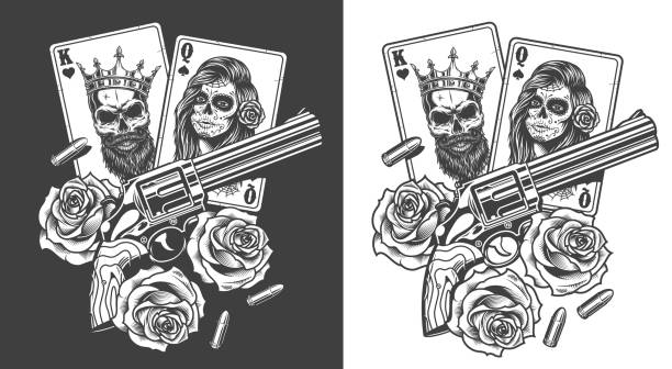 Gangsta concept with playing card Gangsta concept with playing card, roses and revolver. Vector illustration poker card tattoos stock illustrations