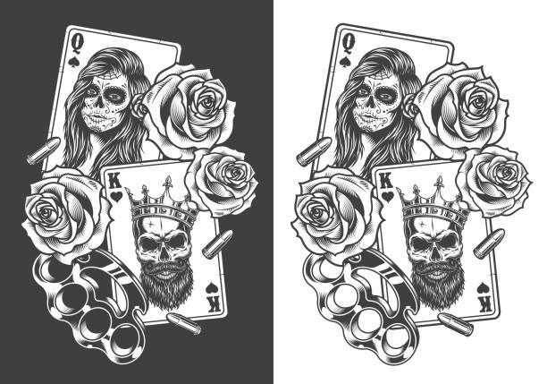 Gangsta concept with playing card Gangsta concept with playing card, roses and knuckles. Vector illustration poker card tattoos stock illustrations