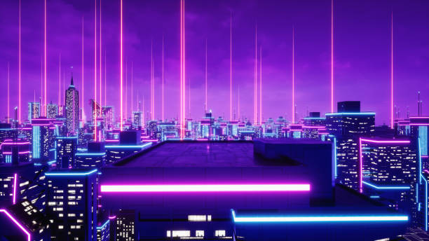 istock Rooftop view in neon city, 3d render 1394631327