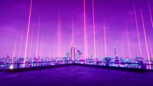 istock Rooftop view in neon city, 3d render 1394631329