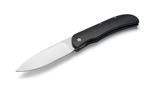 istock Unfolded folding knife with black handle and blue titanium liner lock, isolated on white background with reflection 1394631378