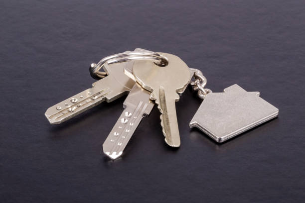 keys with house shaped keyring on black stock photo