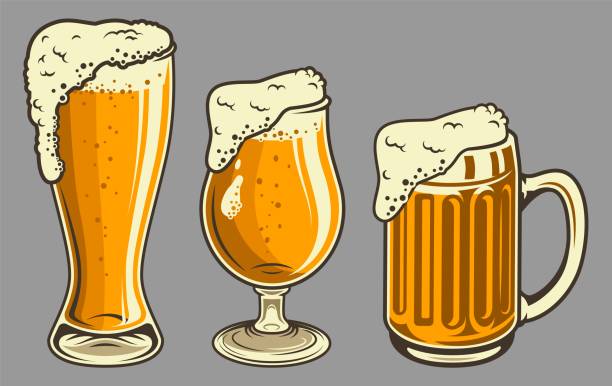 Beer mugs with foam set in vintage style Beer mug and glasses with foam set in vintage style. Vector illustration glass of beer stock illustrations