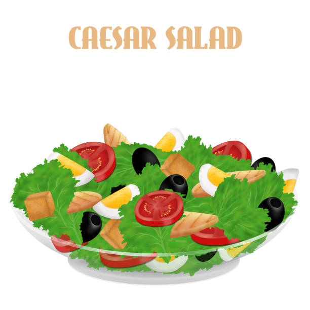 caesar salat in einer transparenten schüssel - cooked chicken white background grilled chicken stock-grafiken, -clipart, -cartoons und -symbole