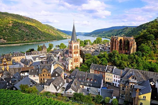 View over the village Bacharach along the Rhine River, Germany near sunset