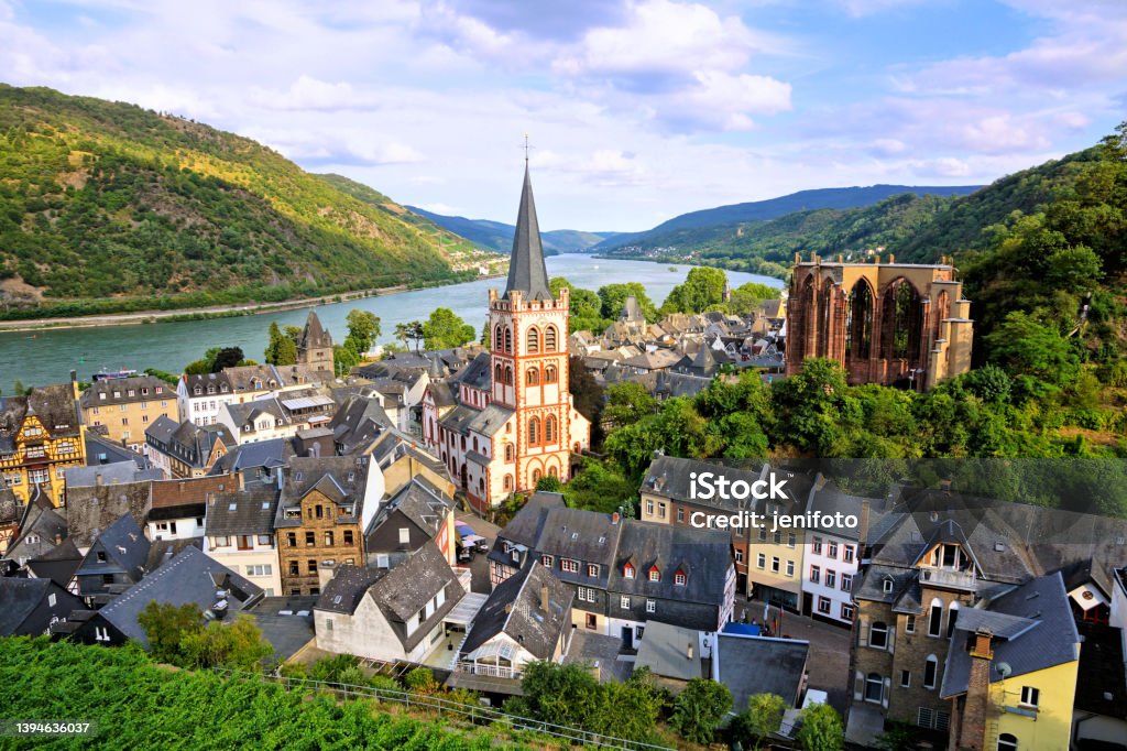 View over the village Bacharach along the Rhine River, Germany near sunset View over the beautiful village Bacharach along the famous Rhine River, Germany near sunset Bacharach Stock Photo