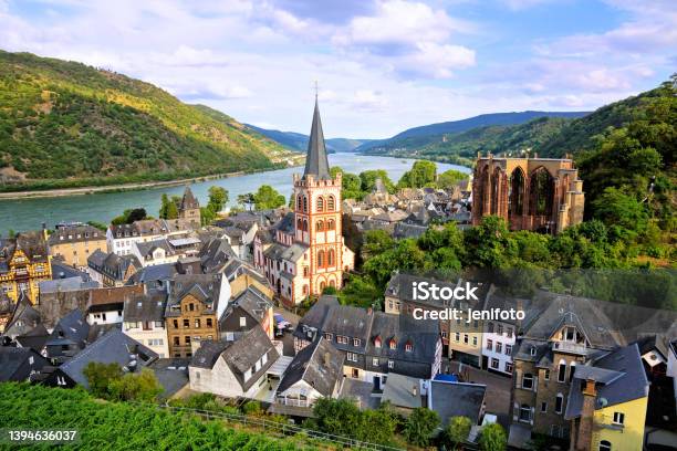 View Over The Village Bacharach Along The Rhine River Germany Near Sunset Stock Photo - Download Image Now
