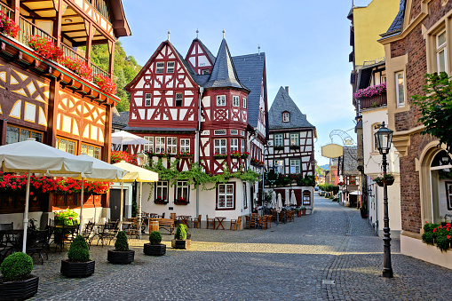 Beautiful street of half timbered buildings in the picturesque old village of Bacharach, Rhine region, Germany