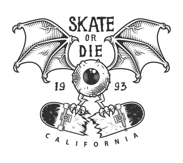 Vintage skateboarding logotype Vintage skateboarding logotype with winged eye holding broken longboard in monochrome style isolated vector illustration skateboard stock illustrations