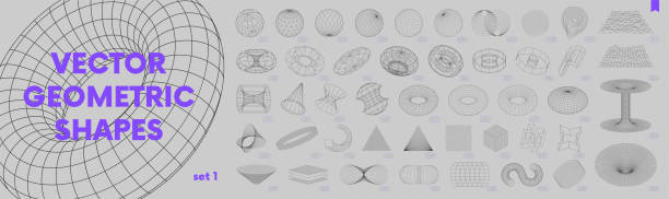 sammlung von seltsamen wireframes vektor 3d geometrische formen, verzerrung und transformation der figur, satz verschiedener linearer form inspiriert von brutalismus, grafische designelemente, set 1 - drahtrahmenmodell stock-grafiken, -clipart, -cartoons und -symbole