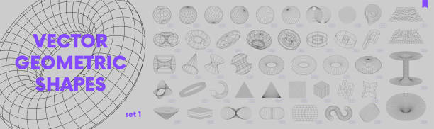ilustraciones, imágenes clip art, dibujos animados e iconos de stock de colección de extraños wireframes vectoriales 3d formas geométricas, distorsión y transformación de figura, conjunto de diferentes formas lineales inspiradas en el brutalismo, elementos de diseño gráfico, conjunto 1 - figuras geometricas 3d