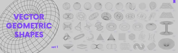 Vector illustration of Collection of strange wireframes vector 3d geometric shapes, distortion and transformation of figure, set of different linear form inspired by brutalism, graphic design elements, set 1