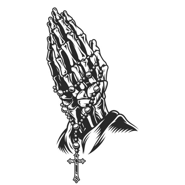 Vintage skeleton praying hands concept Vintage skeleton praying hands concept with rosary in monochrome style isolated vector illustration skeloton hand stock illustrations