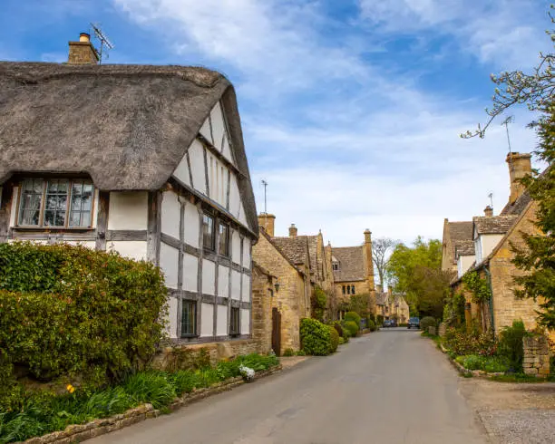 A picturesque scene in the Cotswolds village of Stanton in Gloucestershire, UK.