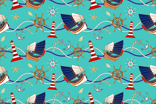 Nautical concept seamless pattern with rope, sailboat, ship wheel, lighthouse, anchor, marine elements, icons