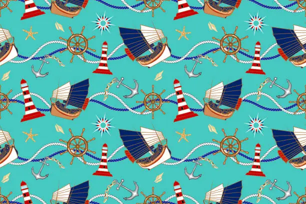 Vector illustration of Nautical concept seamless pattern with rope, sailboat, ship wheel, lighthouse, anchor, marine elements, icons