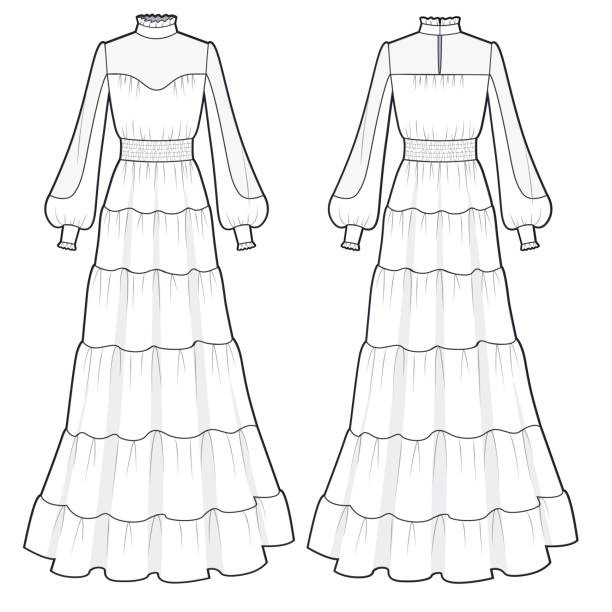 frau langärmelige kleid mode flache technische zeichnungsvorlage. vintage abgestuftes abend-maxikleid mode flaches design vorne und hinten, weiß. - puffed sleeve stock-grafiken, -clipart, -cartoons und -symbole