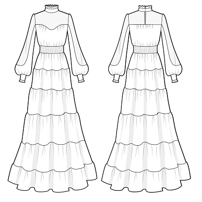 Woman long-sleeve Dress fashion flat technical drawing template. Vintage tiered Evening maxi Dress fashion flat design front and back, white.