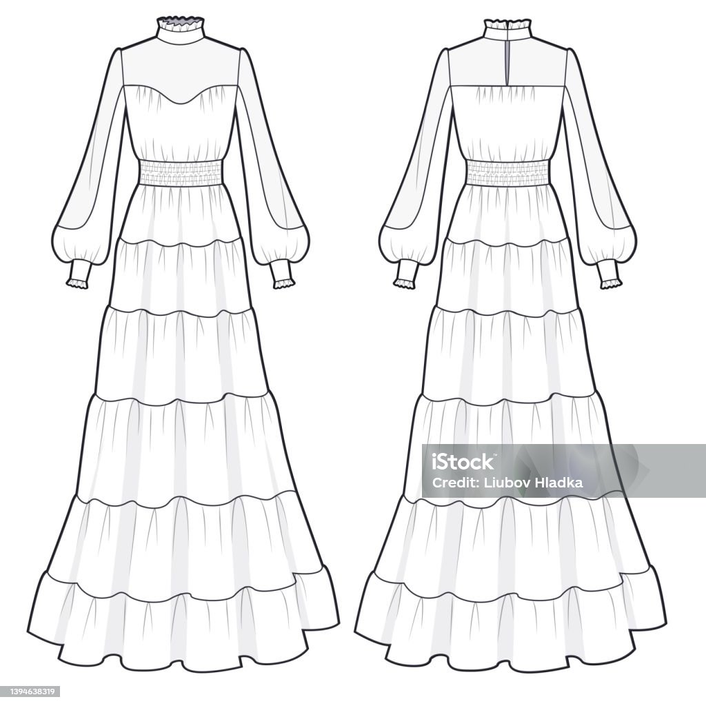 Woman Longsleeve Dress Fashion Flat Technical Drawing Template Vintage ...