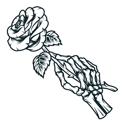 Skeleton hand holding rose flower in vintage monochrome style isolated vector illustration