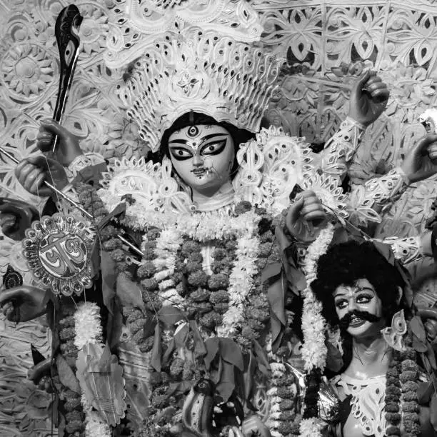 Photo of Goddess Durga with traditional look in close up view at a South Kolkata Durga Puja, Durga Puja Idol, A biggest Hindu Navratri festival in India