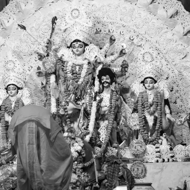 Photo of Goddess Durga with traditional look in close up view at a South Kolkata Durga Puja, Durga Puja Idol, A biggest Hindu Navratri festival in India