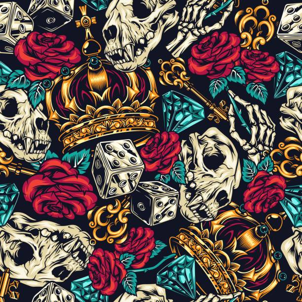 Vintage tattoos colorful seamless pattern Vintage tattoos colorful seamless pattern with dice golden antique key cat skull ornate royal crown diamond skeleton hand holding rose vector illustration tattoo seamless texture stock illustrations