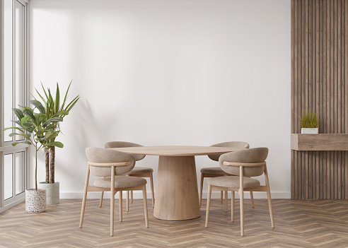 Empty white wall in modern living room. Mock up interior in scandinavian style. Free, copy space for your picture, text, or another design. Table with chairs, plants. 3D rendering