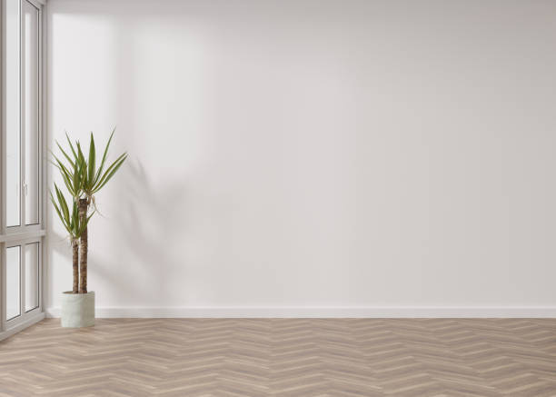 istock Empty room, white wall and parquet floor. Indoor plant. Mock up interior. Free, copy space for your furniture, picture and other objects. 3D rendering. 1394640324