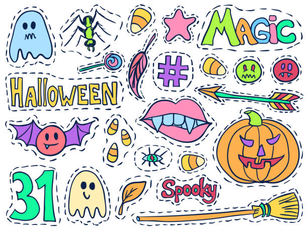 ilustraciones, imágenes clip art, dibujos animados e iconos de stock de conjunto de insignias de parches de halloween. vector de garabatos navideños. pegatinas de halloween. dibuja alfileres con calabazas, dulces navideños, herramientas de brujas y símbolos de halloween. hashtag y emoticonos en redes sociales. - spider web halloween corn pumpkin