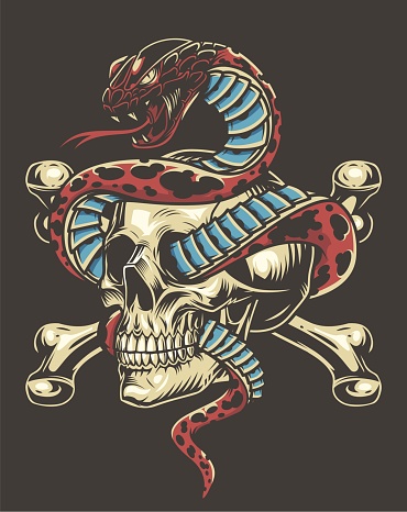 Colorful tattoo vintage concept with poisonous snake entwined with skull and crossbones isolated vector illustration
