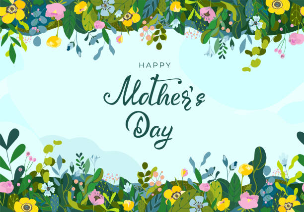 colorful floral composition for mother's day card with hand drawn text lettering. horizontal stripe seamless pattern in spring green colors with leaves , flowers, branch, berries. vector illustration - 母親節 幅插畫檔、美工圖案、卡通及圖標