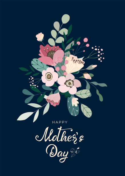 Mother's day greeting card with hand drawn text lettering, hand drawn bouquet flowers, branch, green leaves, berries on dark background. Concept for poster, Valentines. Vector illustration. Mother's day greeting card with hand drawn text lettering, hand drawn bouquet flowers, branch, green leaves, berries on dark background. Concept for poster, Valentines. Vector illustration flower arrangement bouquet variation flower stock illustrations