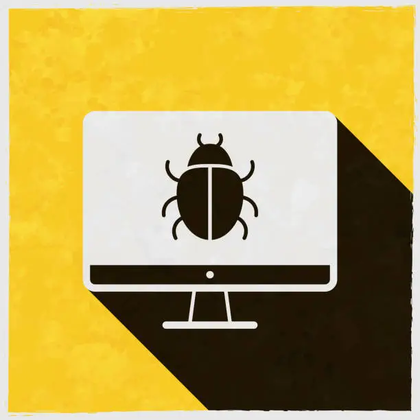 Vector illustration of Desktop computer with bug. Icon with long shadow on textured yellow background