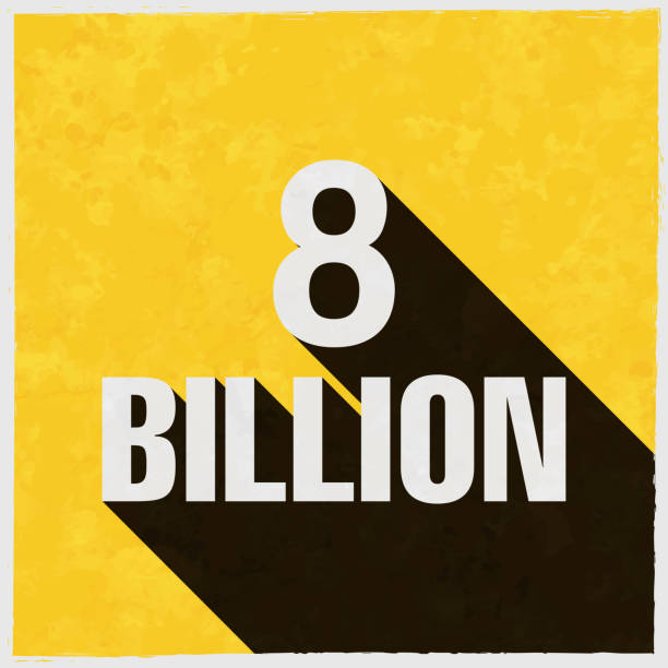 8 Billion. Icon with long shadow on textured yellow background Icon of "8 Billion" in a trendy vintage style. Beautiful retro illustration with old textured yellow paper and a black long shadow (colors used: yellow, white and black). Vector Illustration (EPS10, well layered and grouped). Easy to edit, manipulate, resize or colorize. Vector and Jpeg file of different sizes. billions quantity stock illustrations