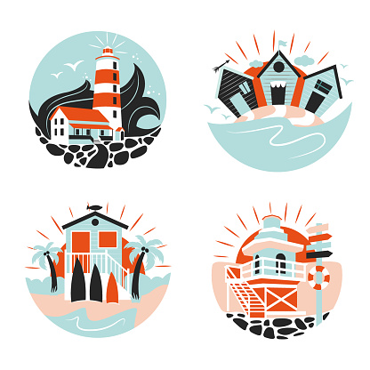 The flat design icons with lighthouses, beach huts, lifeguard houses, and palm trees. The set of Summer designs for stickers, logo designs, t-shirts, etc. The vector illustration