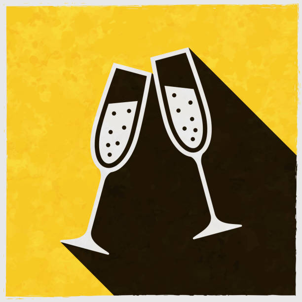 Two glasses of Champagne. Icon with long shadow on textured yellow background Icon of "Two glasses of Champagne" in a trendy vintage style. Beautiful retro illustration with old textured yellow paper and a black long shadow (colors used: yellow, white and black). Vector Illustration (EPS10, well layered and grouped). Easy to edit, manipulate, resize or colorize. Vector and Jpeg file of different sizes. champagne-glass-shadow stock illustrations