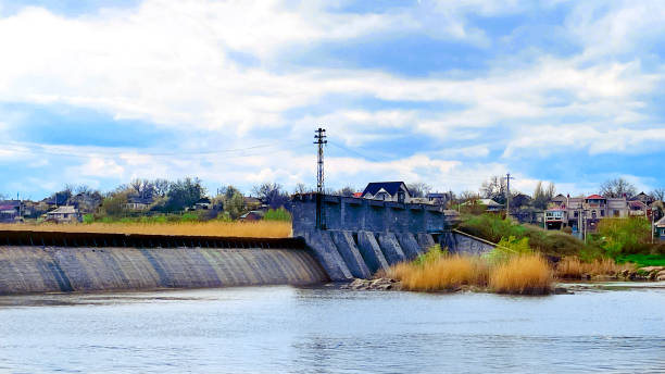 Ukraine, Pervomaisk countryside.  Southern Bug River and Hydroelectric power station dam.