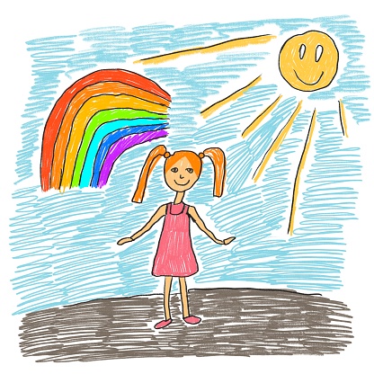 Children's drawing with felt-tip pens girl tree rainbow and sun