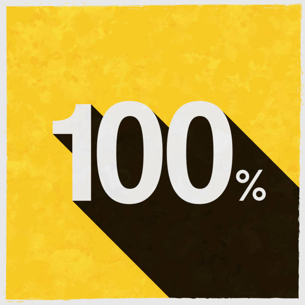 100 % - 백 퍼센트. 질감이 있는 노란색 배경에 긴 그림자가 있는 아이콘 - hundred percent stock illustrations
