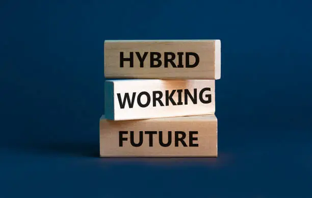 Hybrid working future symbol. Concept words 'hybrid working future'. Beautiful grey background. Business and hybrid working future concept, copy space.