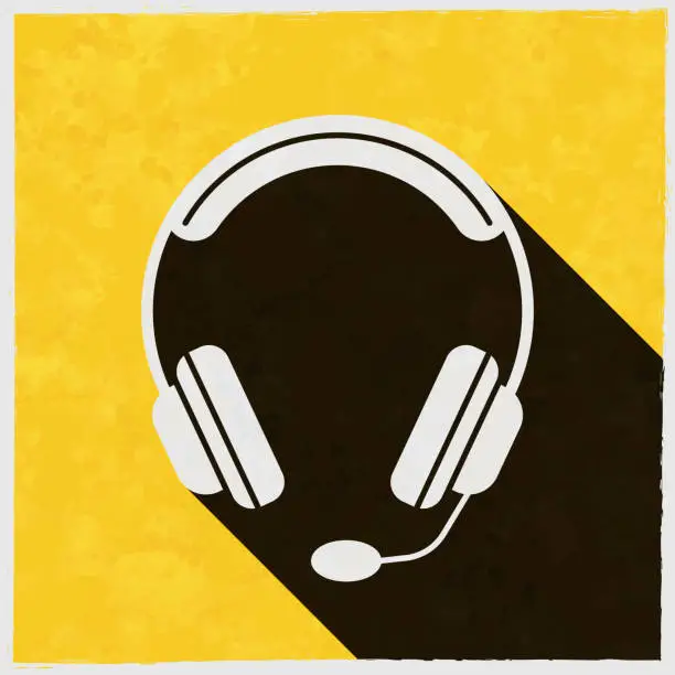 Vector illustration of Headset. Icon with long shadow on textured yellow background