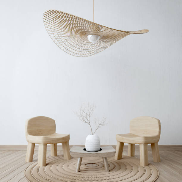 istock Japandi style interior.Minimal living room with wood chairs and ceiling lamp.3d rendering 1394646921